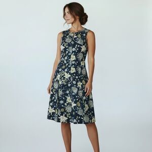 Jones New York Womens Floral Pleated Fit Flare Chiffon Dress 4P Petite Blue